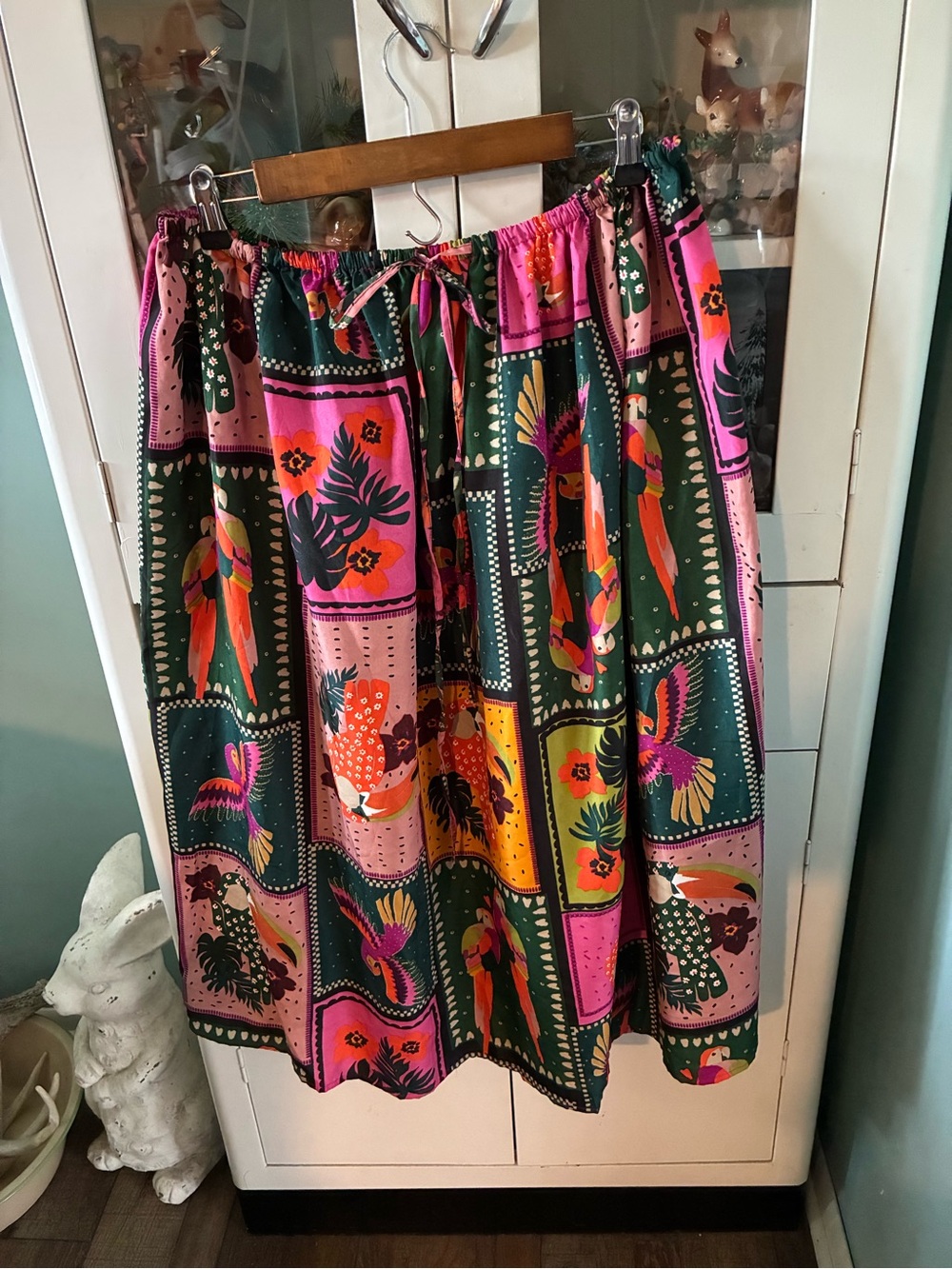Moon Orchid sz M Tropical Block Print Elastic-Waist Skirt - Pink & Green euc